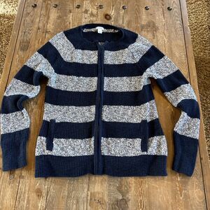 LL Bean Sweater Womens Sz Large Full Zip Cardigan Blue Striped Cotton Cable Knit